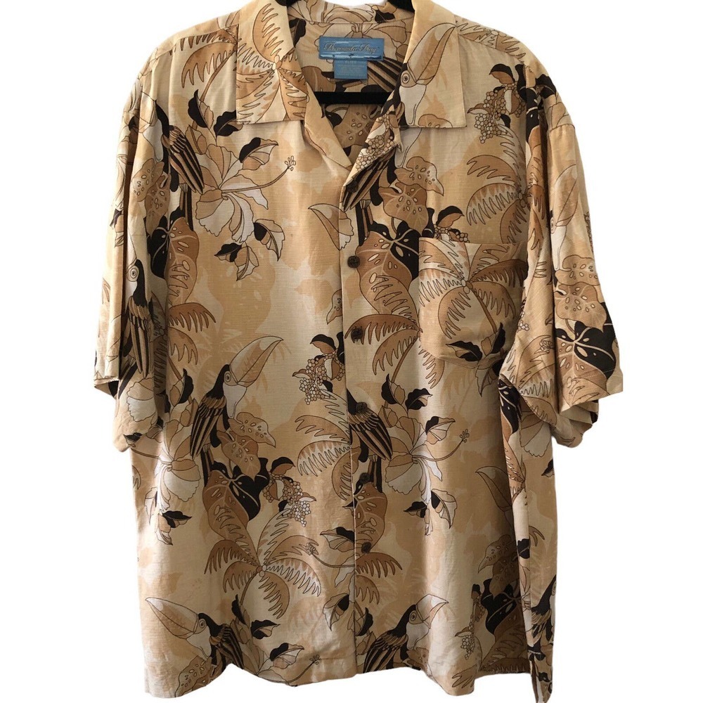 Bermuda Bay 100% Silk Floral Toucan Print Hawaiian Shirt Sz XL Brown Button Up